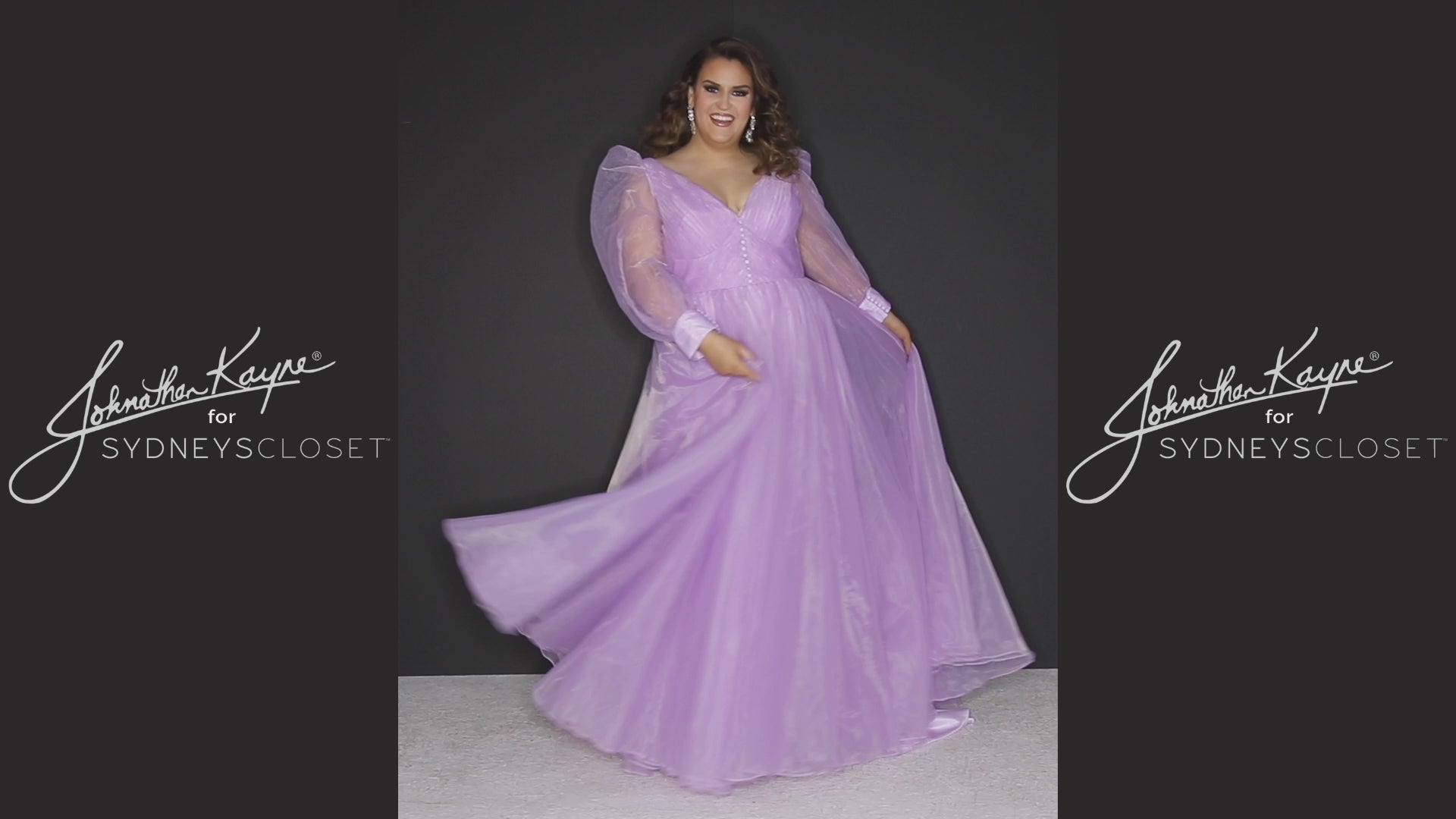 JK2317 plus size organza evening gown.  V-neckline, puff sleeves with cuff, pleated organza bodice and sweep train. Available in lilac purple, sky blue and diamond white. Johnathan Kayne for Sydney's Closet.