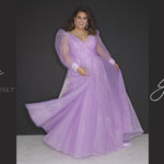 JK2317 plus size organza evening gown.  V-neckline, puff sleeves with cuff, pleated organza bodice and sweep train. Available in lilac purple, sky blue and diamond white. Johnathan Kayne for Sydney's Closet.