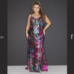 Tease Prom TE2306 Pink. Fitted, multicolored floral sequin appliques on net V-neckline Straps = ½ inch covered in appliques Center back zipper Slim, Fitted skirt with a slit and a Sweep train.