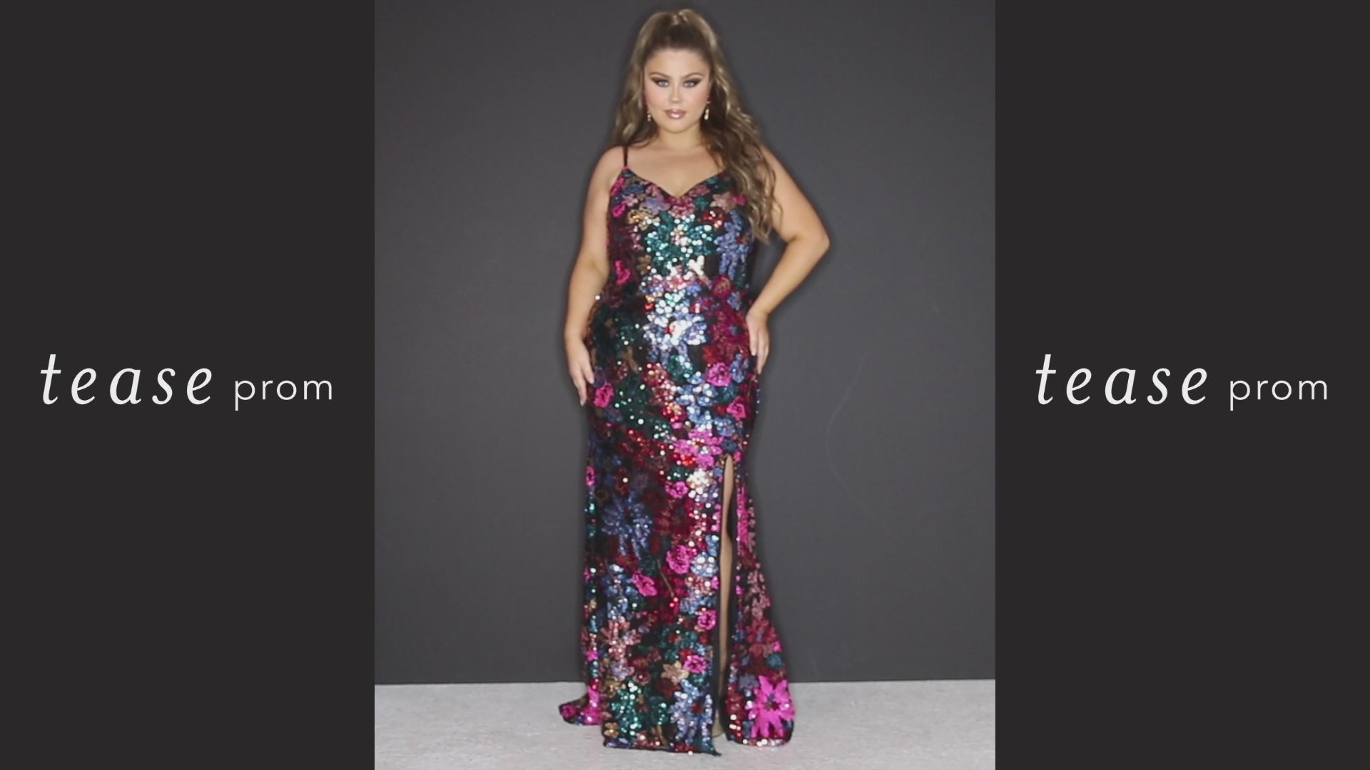 Tease Prom TE2306 Pink. Fitted, multicolored floral sequin appliques on net V-neckline Straps = ½ inch covered in appliques Center back zipper Slim, Fitted skirt with a slit and a Sweep train.