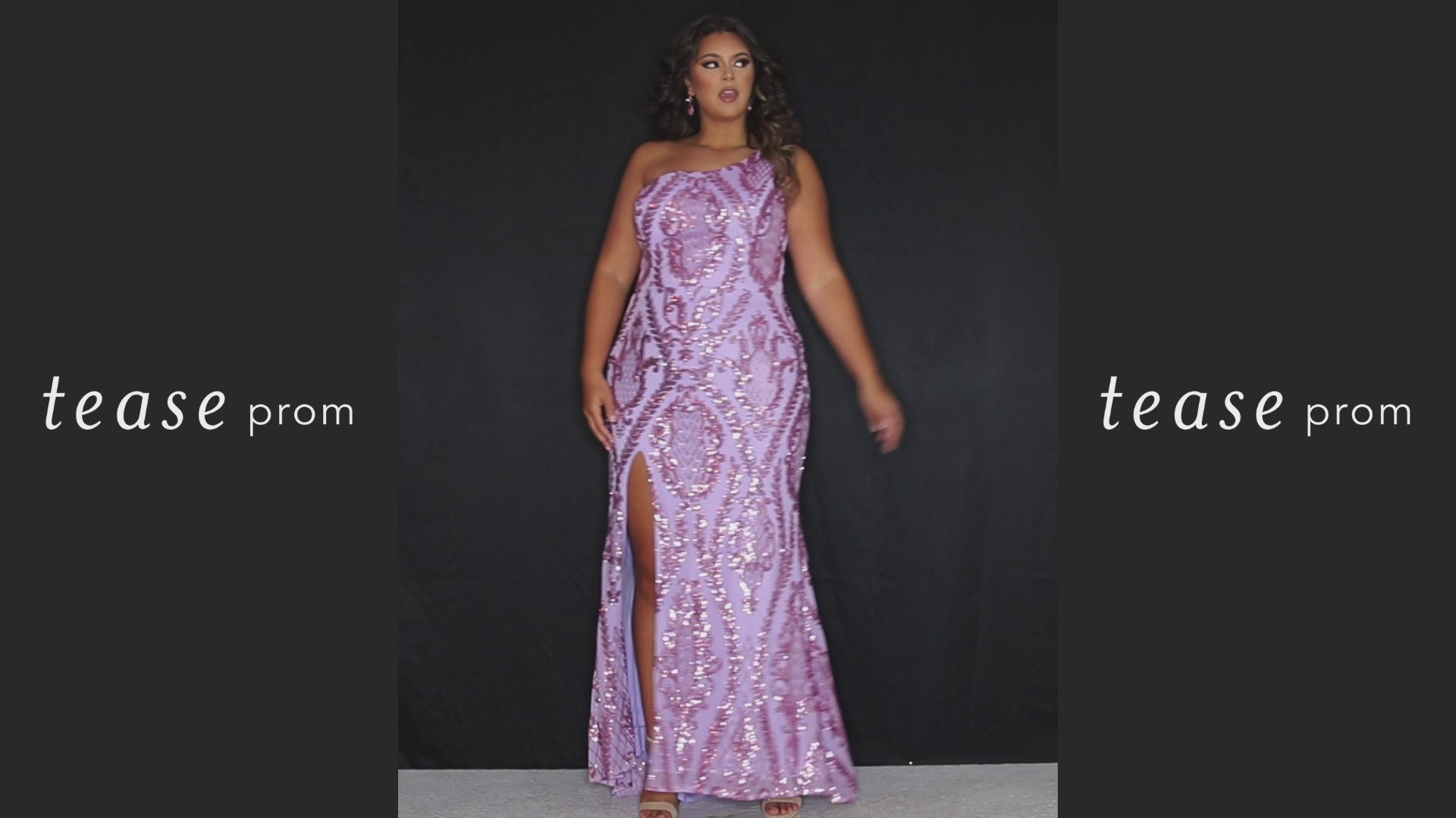 Tease Prom TE2311 Lilac. blue, soft pink, dark pink. Slim fitted silhouette with sequin appliques on stretch net. Fitted skirt with a slit on the right side and a sweep train. One-shoulder neckline, sleeveless with a center back zipper.