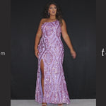 Tease Prom TE2311 Lilac. blue, soft pink, dark pink. Slim fitted silhouette with sequin appliques on stretch net. Fitted skirt with a slit on the right side and a sweep train. One-shoulder neckline, sleeveless with a center back zipper.
