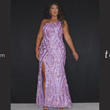 Tease Prom TE2311 Lilac. blue, soft pink, dark pink. Slim fitted silhouette with sequin appliques on stretch net. Fitted skirt with a slit on the right side and a sweep train. One-shoulder neckline, sleeveless with a center back zipper.