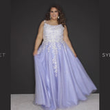 Sydney’s Closet SC7350 in periwinkle. Full A-line silhouette with a scoop neckline and lace covered straps. Beaded and appliqued, with 3D flowers on the bodice. A natural waistline and stretch knit lining. Has a floor length tulle skirt and a long invisible back zipper. 