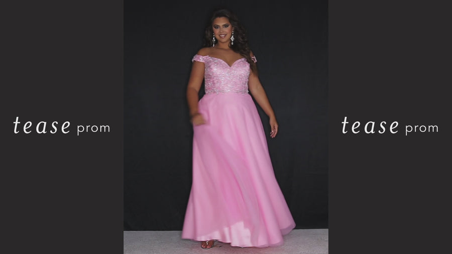 Tease Prom TE2317 Bubblegum pink, lavender purple, powder blue.   A-line silhouette with a natural waistline, V-neckline and V-back. Metallic lace over satin lining. Off-the-shoulder straps with elastic band, chiffon skirt with pockets and crinoline. Center back zipper. .