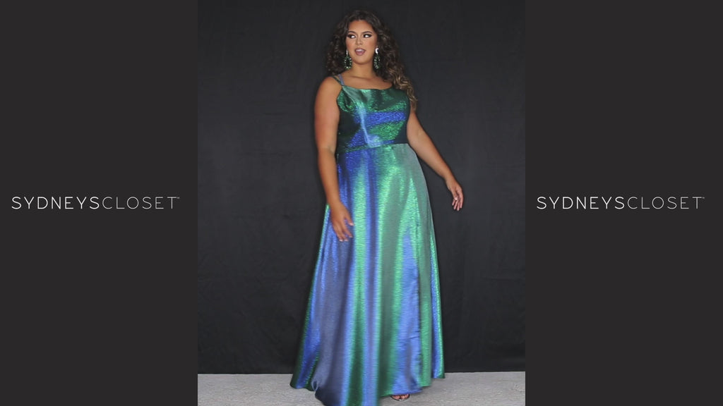Sydney’s Closet SC7344  Shimmer satin in purple, blue and green. Full A-line silhouette, double straps and a scoop neckline. Natural waist, lace up back with modesty panel. A-line skirt with pockets and left leg slit. 