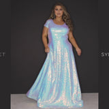 Sydney’s Closet SC7348. A-line silhouette with a scoop neckline and cap sleeves. Multidimensional sequins, offered in light blue, purple and peacock green. Has a natural waistline, A-line skirt with pockets, and a horsehair hem. 