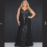 Tease Prom TE2324 Black. Slim/Fitted Silhouette. Natural waistline with a V-neckline and bra-friendly straps to a V-back. Lace appliques, Sequins and a center back zipper. Fully lined slim skirt, sweep train and horsehair hem. 
