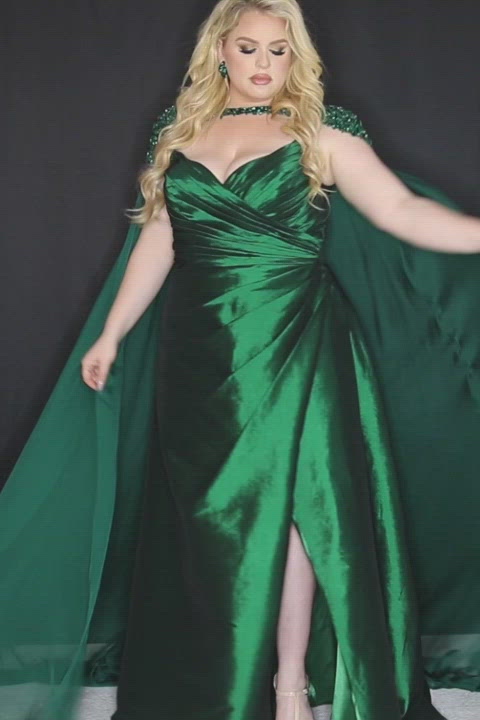 Johnathan Kayne for Sydney's Closet ballgown silhouette with wide slanted pleated skirt with wrpa and leg slit and optional spaghetti straps for strapless bodice available in emerald and fuchsia Lemans Pageant Gown JK2214