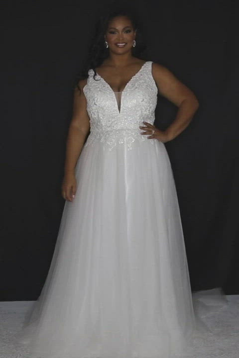  Sydney's Bridal by Sydney's Closet a line silhouette with v neckline and bra friendly straps and lace up back available in ivory Anne Marie Wedding Dress SC5270