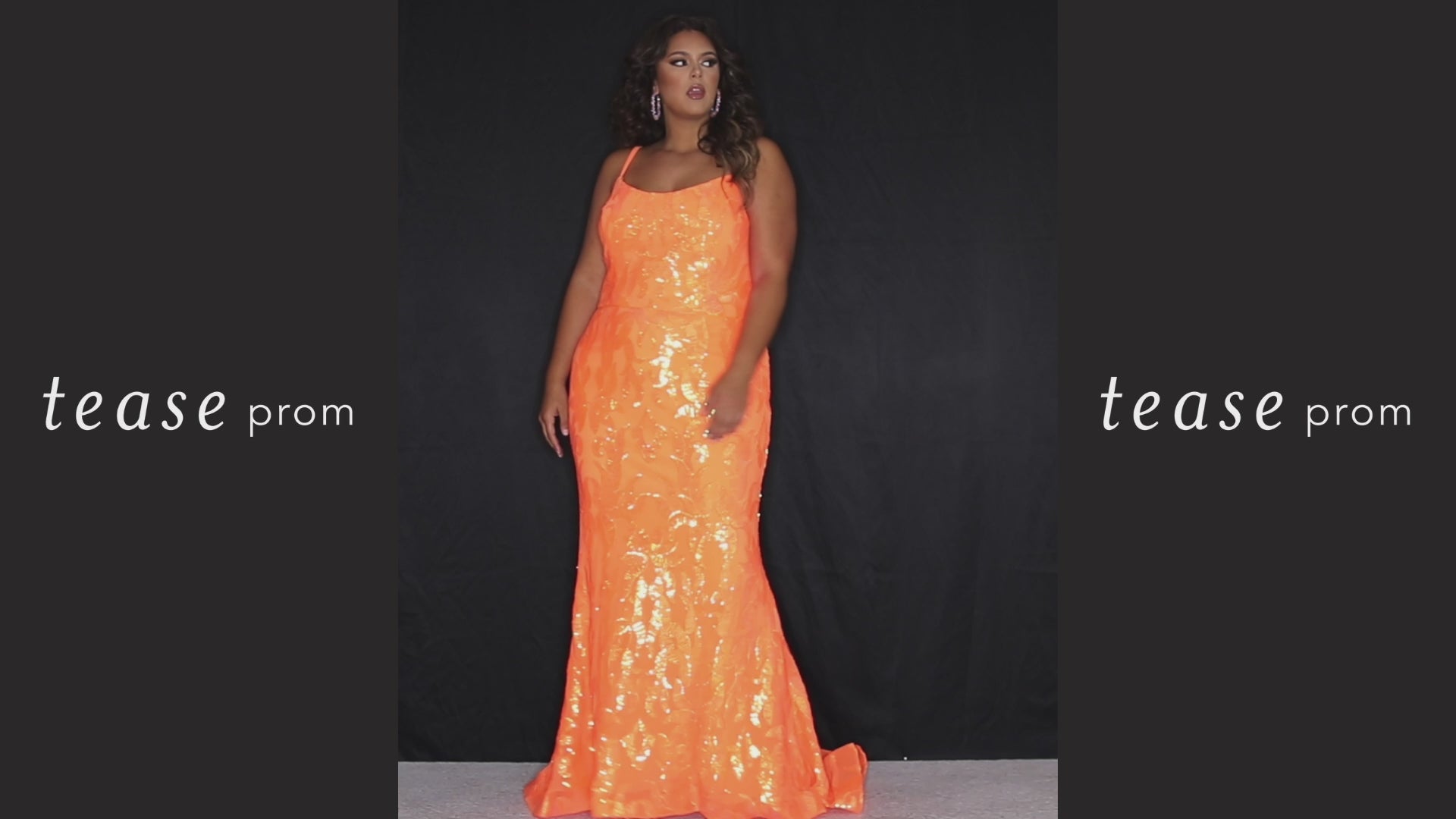Tease Prom TE2307 Tangelo Orange and Ice Blue. Slim A-line silhouette with a scoop neckline and ½ inch straps covered in lace. Scoop back and a center back zipper. Sequins over stretch knit 5 inch train 2 inch horsehair hem.