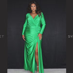 Sydney’s Closet SC7345  Stretch lycra with hot fix stones in bright blue, kelly green and hot pink. Fitted silhouette, full length sleeves and a deep V-neckline. Natural waist with ruching and left leg slit. A high back and sweep train. 
