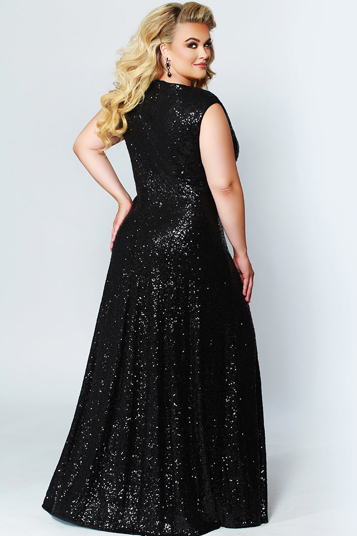 CE1801 in navy, black or rose gold is a floor length sequin gown with bra-friendly straps and a V-neckline. Sydney's Closet plus size sequin dress