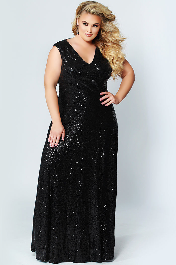 CE1801 in navy, black or rose gold is a floor length sequin gown with bra-friendly straps and a V-neckline. Sydney's Closet plus size sequin dress