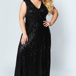 CE1801 in navy, black or rose gold is a floor length sequin gown with bra-friendly straps and a V-neckline. Sydney's Closet plus size sequin dress