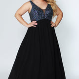 CE1813  has a V-neckline with illusion mesh net is heavily beaded and sequined on front and back. The dress is fully lined, with an A-line chiffon skirt. It's sleeveless, with bra-friendly straps