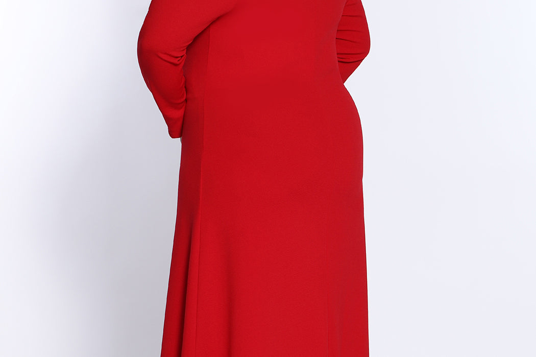 CE2002 in red or black from Celebrations by Sydney's Closet. Versatile plus size maxi dress with long sleeves year-round. Dress it up for special occasions or keep casual for daytime. 1X-4X
