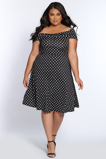 Plus Size Off-the-Shoulder Black & White Polka Dot Dress – Sydney's Closet