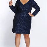 CE2004 for Celebrations by Sydney's Closet sequin party dress fully lined with center back zipper and v neckline with sleeves available in black burgundy and navy