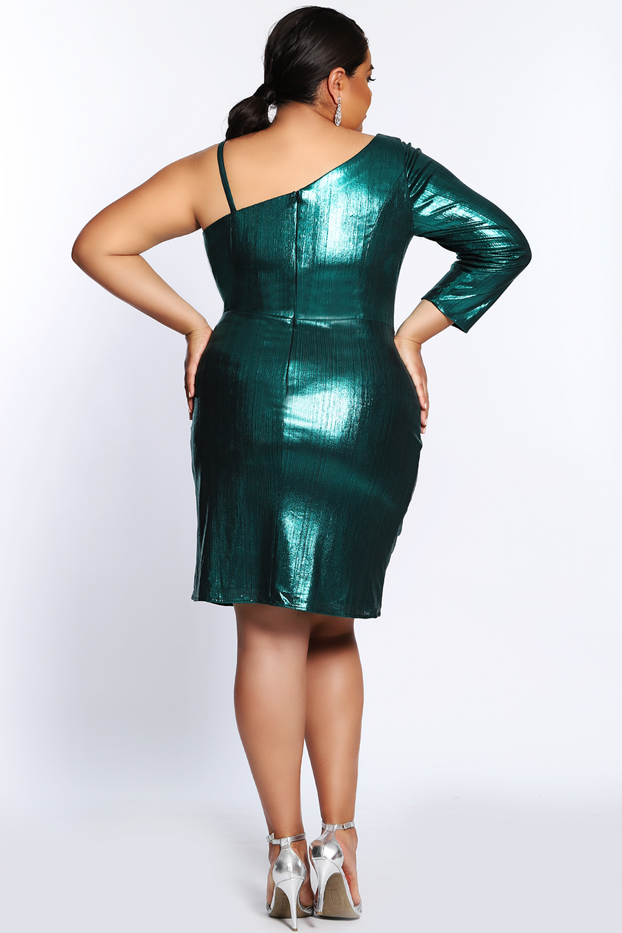 Plus size sheath fitted one-shoulder long sleeve short party dress SC8109 little black dress in shimmer fabric by Sydney's Closet. In black, emerald green or sapphire blue
