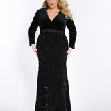 Celebrations by Sydney's Closet fit and flare silhouette evening dress with sequins and velvet floor legnth with sweep train available in black CE2008 Celebrations by Sydney's Closet