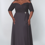 Celebrations by Sydney's Closet off the shoulder fully lined aline evening gown with rouched bodice available in black, charcoal grey and royal blue sizes 14-32. CE2009 by Sydney's Closet with sleeves