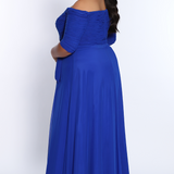 Celebrations by Sydney's Closet off the shoulder fully lined aline evening gown with rouched bodice available in black, charcoal grey and royal blue sizes 14-32. CE2009 by Sydney's Closet with sleeves