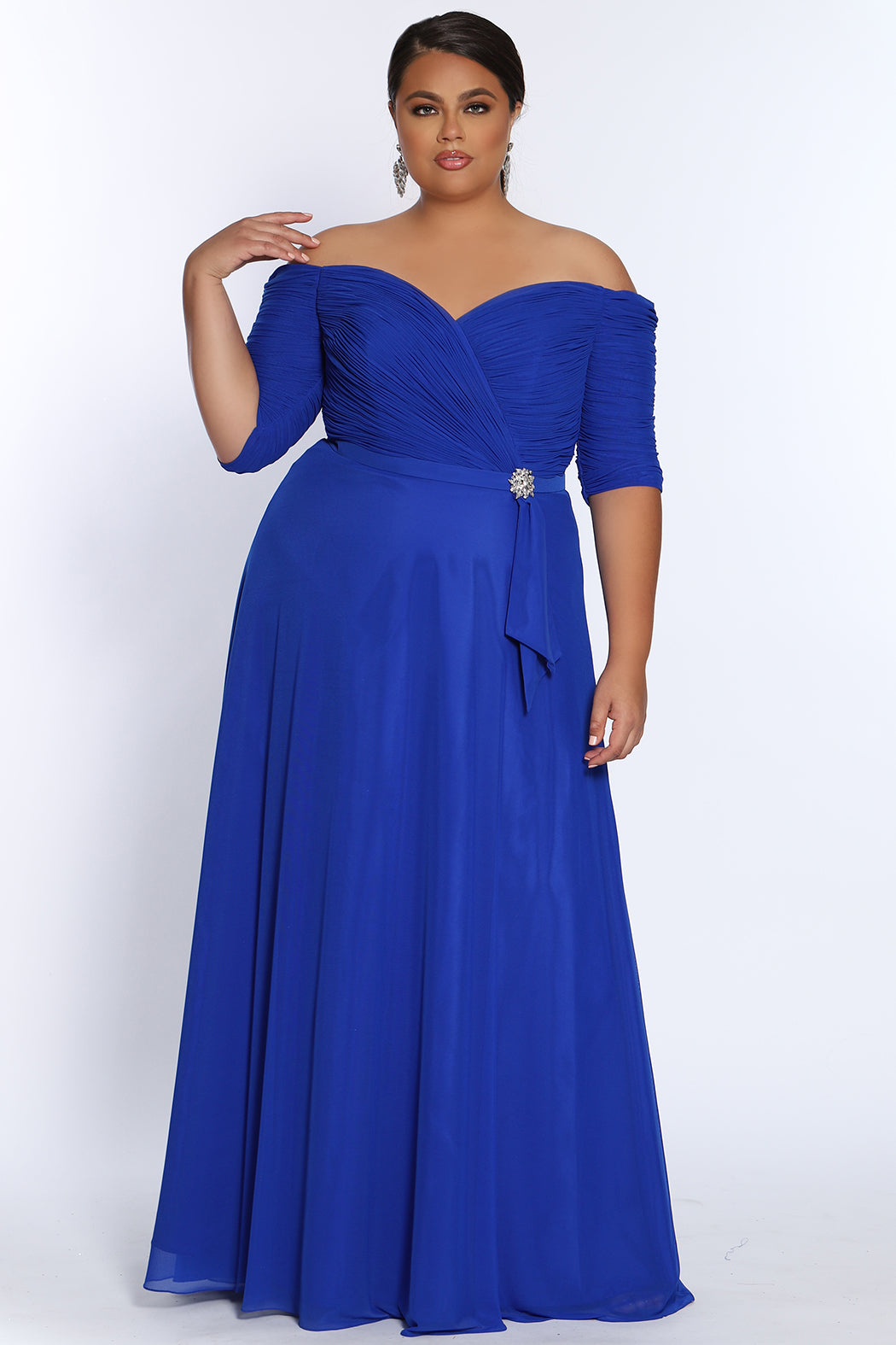 Celebrations by Sydney's Closet off the shoulder fully lined aline evening gown with rouched bodice available in black, charcoal grey and royal blue sizes 14-32. CE2009 by Sydney's Closet with sleeves