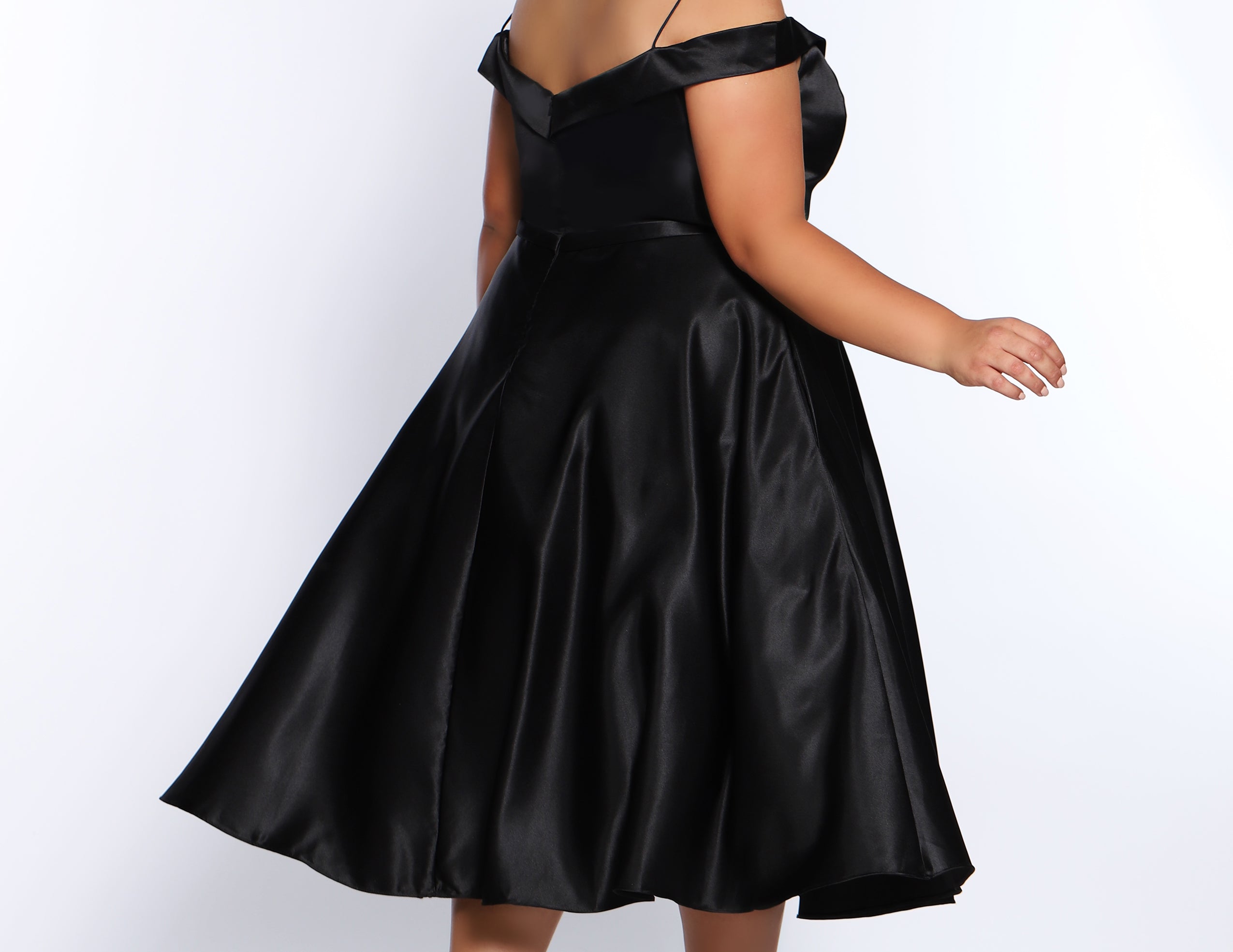 CE2011 plus size little black dress by Sydney's Closet sizes 14-32 all satin, pockets, off-the-shoulder straps, perfect for holiday parties, homecoming, new years and bridesmaid