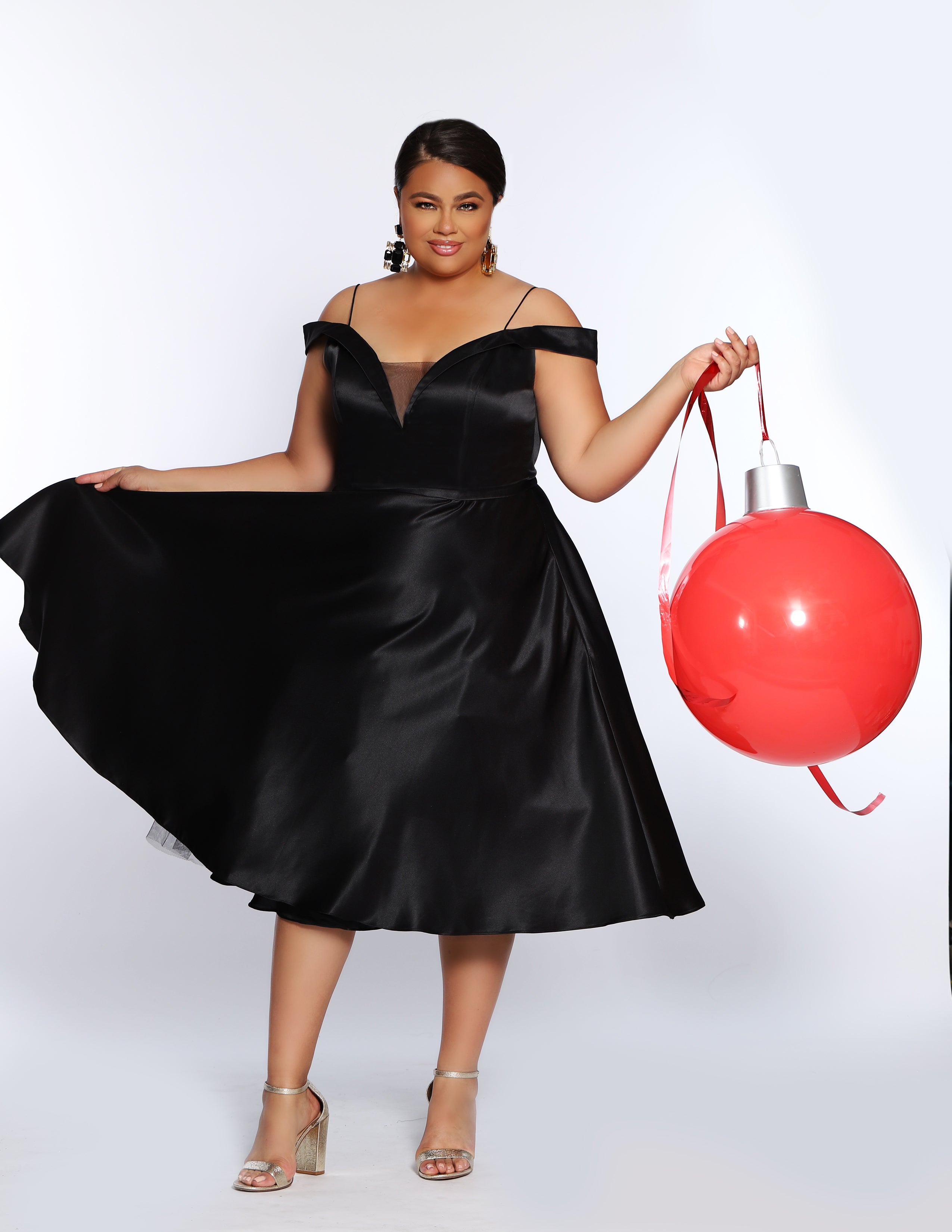 CE2011 plus size little black dress by Sydney's Closet sizes 14-32 all satin, pockets, off-the-shoulder straps, perfect for holiday parties, homecoming, new years and bridesmaid