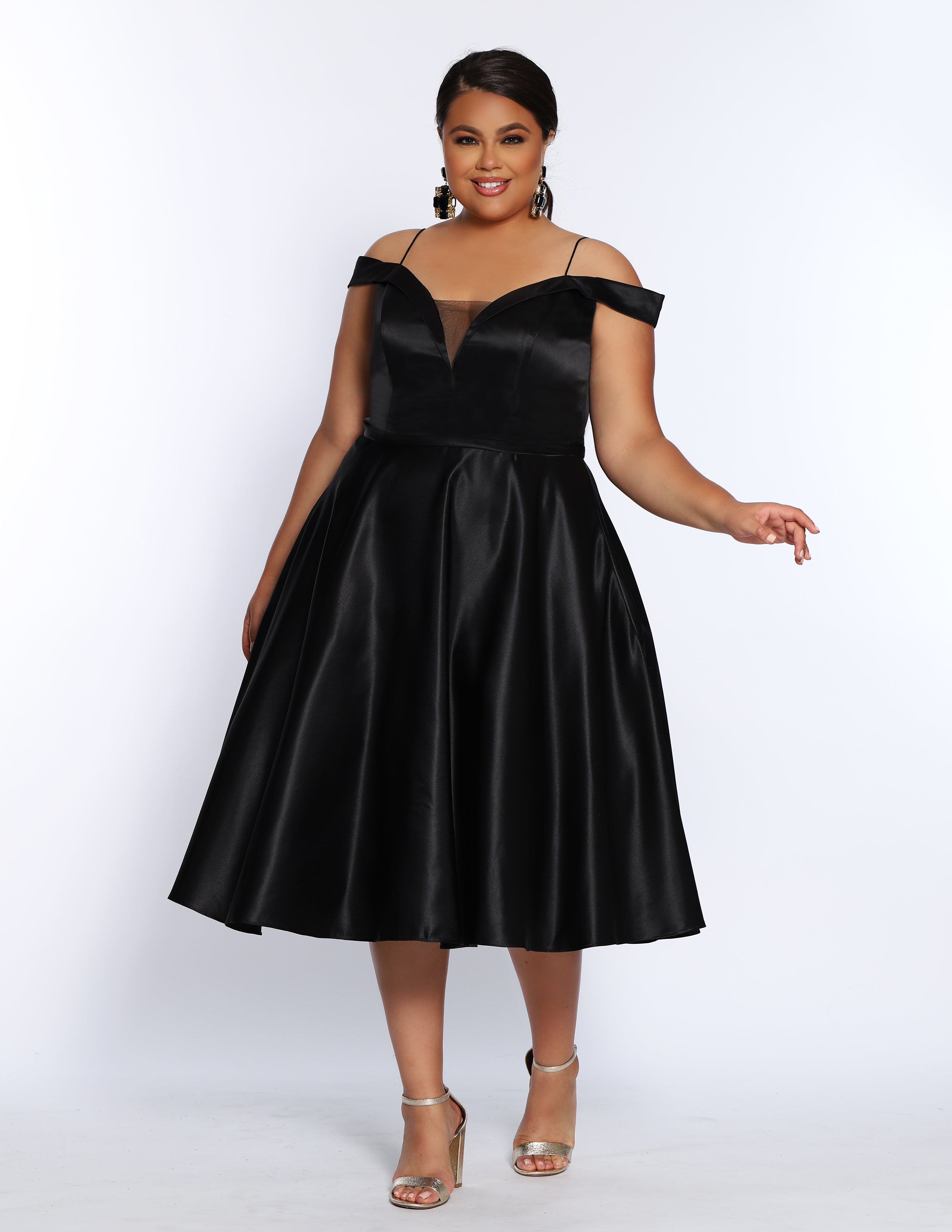 CE2011 plus size little black dress by Sydney's Closet sizes 14-32 all satin, pockets, off-the-shoulder straps, perfect for holiday parties, homecoming, new years and bridesmaid