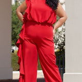CE2014 by Sydney's Closet frence crepe fabric jumpsuit with flounce on side of bodice and pant with center back zipper and scoop neckline, bra friendly straps and sleeveless available in red, black and ivory.