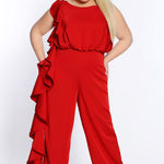 CE2014 by Sydney's Closet frence crepe fabric jumpsuit with flounce on side of bodice and pant with center back zipper and scoop neckline, bra friendly straps and sleeveless available in red, black and ivory.