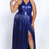 CE2201 Celebrations by Sydney's Closet aline silhouette with fitted bodice and gathered slit skirt with wasitband dress features soft liquid metallic fabric and center back zipper also a halter top with criss cross spaghetti straps available in crimson gold and royal