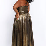 CE2201 Celebrations by Sydney's Closet aline silhouette with fitted bodice and gathered slit skirt with wasitband dress features soft liquid metallic fabric and center back zipper also a halter top with criss cross spaghetti straps available in crimson gold and royal