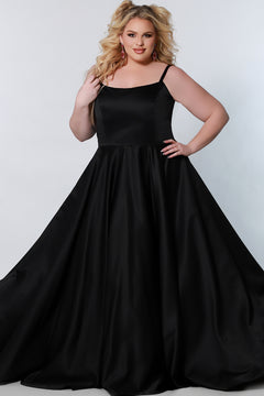 CE2202 Celebrations by Sydney's Closet aline silhouette with scoop neckline and pockets dress features sweep train and zipper back closure available in black and white