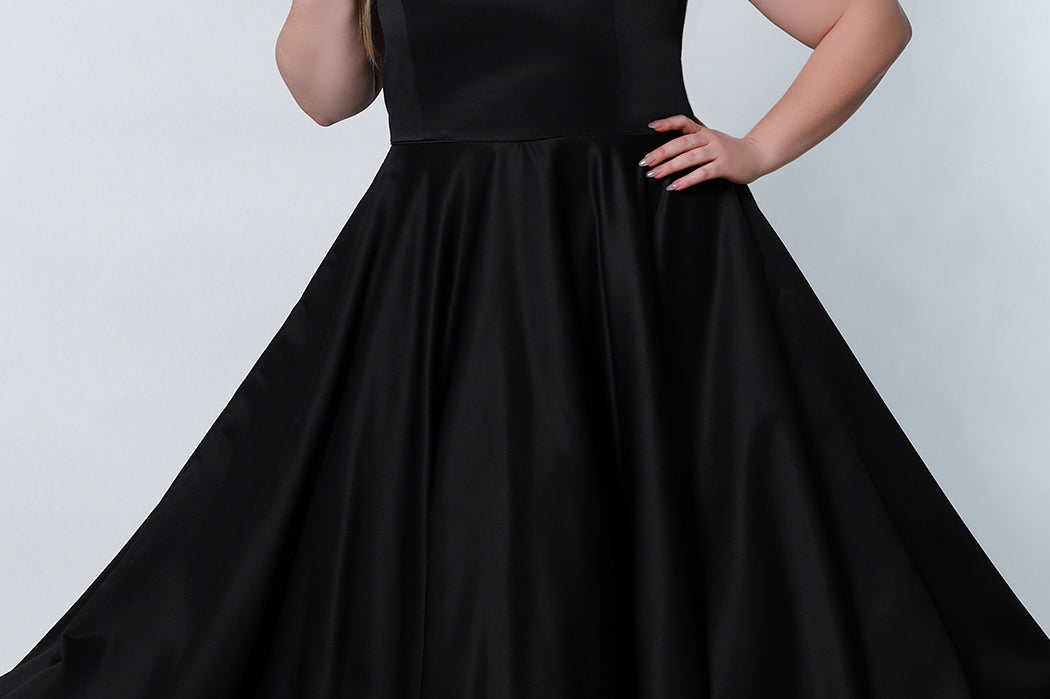 CE2202 Celebrations by Sydney's Closet aline silhouette with scoop neckline and pockets dress features sweep train and zipper back closure available in black and white