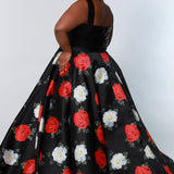 CE2204 Celebrations by Sydney's Closet aline silhouette with v neckline and bra friendly straps dress features pockets and a sequin bodice with a rose floral print aline skirt available in black/floral