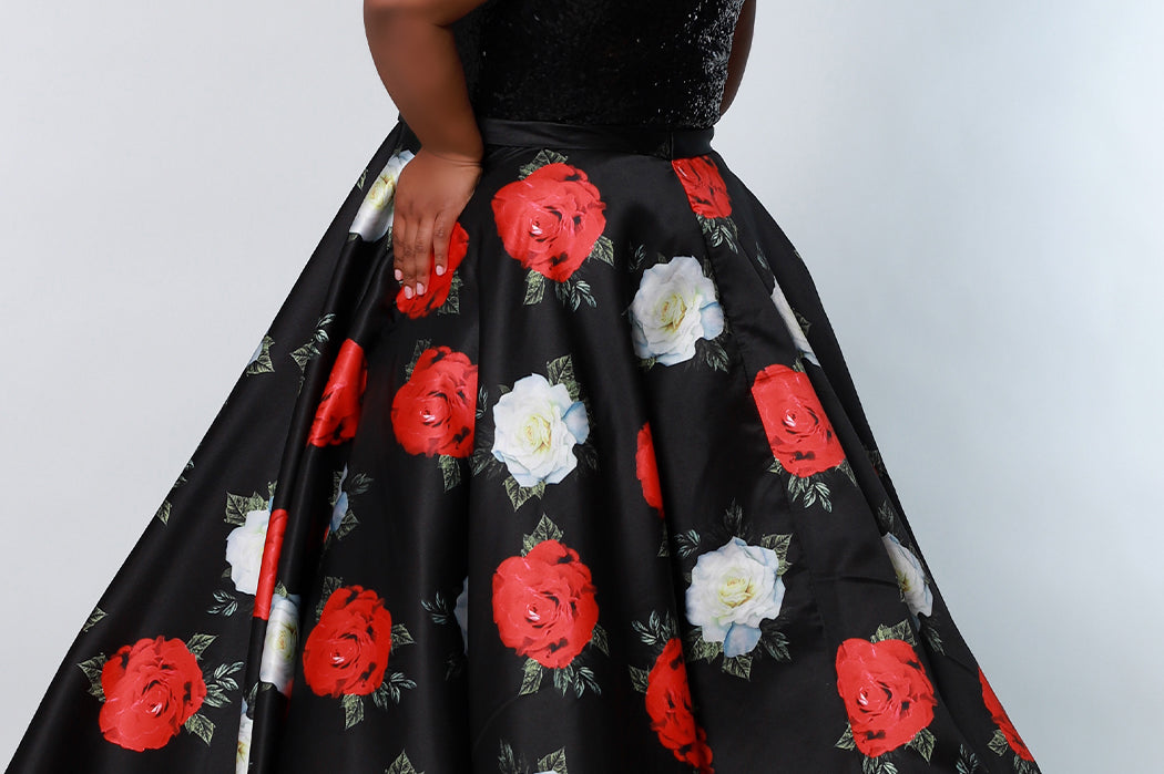 CE2204 Celebrations by Sydney's Closet aline silhouette with v neckline and bra friendly straps dress features pockets and a sequin bodice with a rose floral print aline skirt available in black/floral