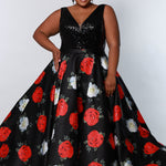 CE2204 Celebrations by Sydney's Closet aline silhouette with v neckline and bra friendly straps dress features pockets and a sequin bodice with a rose floral print aline skirt available in black/floral