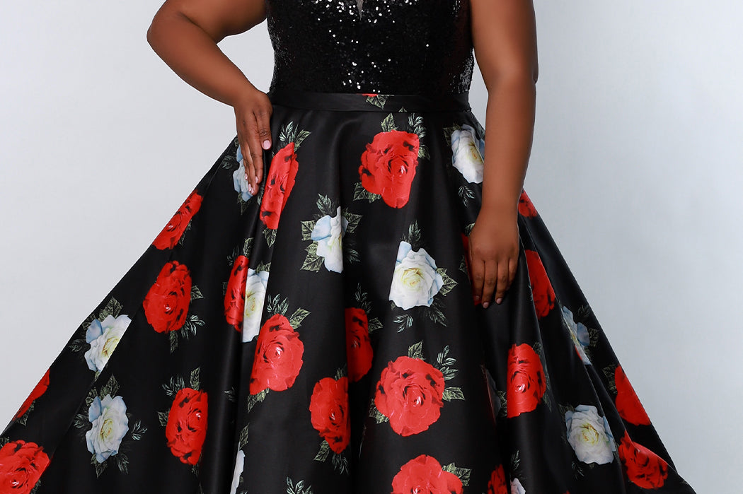 CE2204 Celebrations by Sydney's Closet aline silhouette with v neckline and bra friendly straps dress features pockets and a sequin bodice with a rose floral print aline skirt available in black/floral