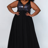 CE2205 Celebrations by Sydney's Closet empire silhouette with bra friendly straps and v neckline this dress features multi color sequin bodice and chiffon skirt zipper back closure available in multi/black
