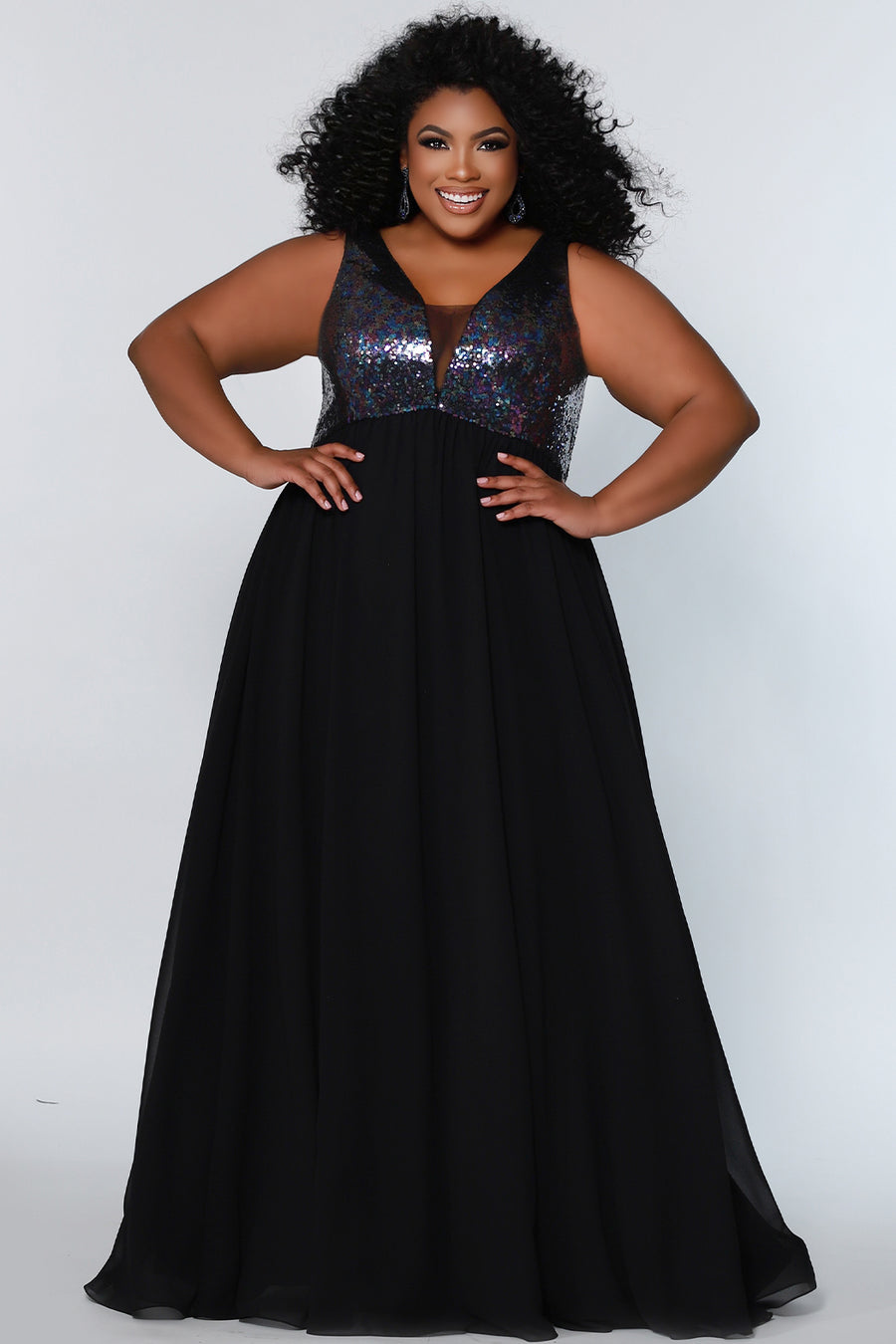 CE2205 Celebrations by Sydney's Closet empire silhouette with bra friendly straps and v neckline this dress features multi color sequin bodice and chiffon skirt zipper back closure available in multi/black