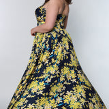 CE2206 Celebrations by Sydney's Closet aline silhouette with sweetheart neckline and spaghetti straps dress features zipper back with leg slit and pockets available in pink blossom and yellow blossom