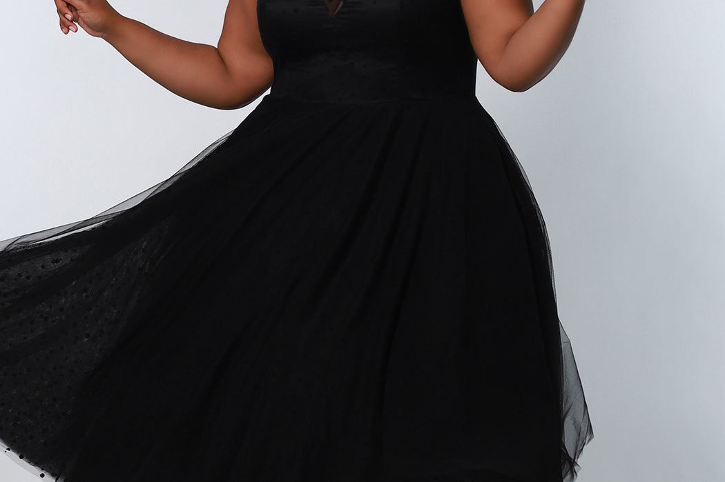 CE2208 Celebrations by Sydney's Closet aline silhouette tea legnth gown with spaghetti and off the shoulder straps dress features pockets and dotted swiss fabric with a zipper back closure available in black and ivory