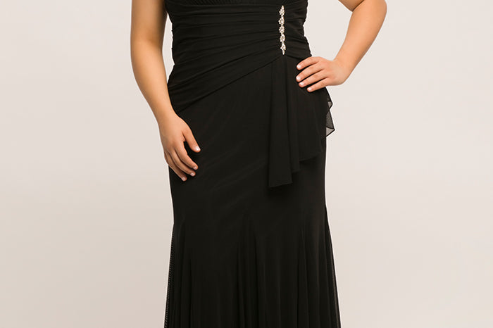 JK2004 stretch knit plus size evening gown in black, burgundy, or royal.  Deep V-bodice, small cap sleeve, flattering pleated waistline, fit and flare stretch knit skirt with sweep train. Johnathan Kayne for Sydney's Closet
