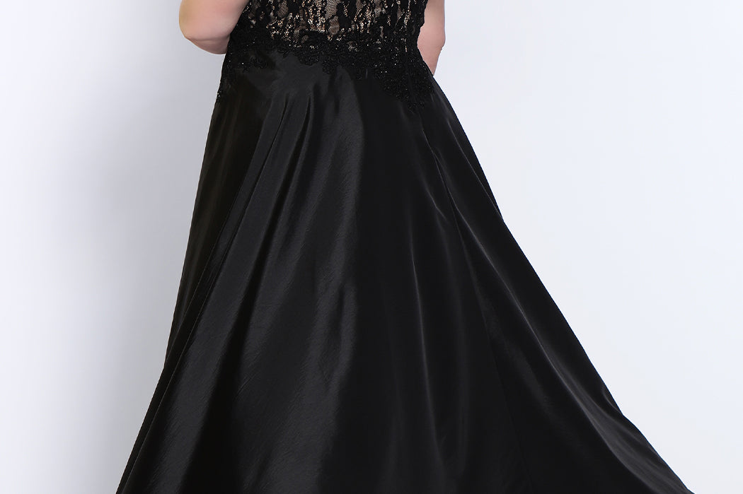 JK2016 Johnathan Kayne for Sydney's Closet sexy plus size evening gown in black, red, green, ivory or pink in lace over nude knit sheath silhouette, deep V-neckline, tone-on-tone beading and taffeta flyaway skirt.