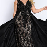 JK2016 Johnathan Kayne for Sydney's Closet sexy plus size evening gown in black, red, green, ivory or pink in lace over nude knit sheath silhouette, deep V-neckline, tone-on-tone beading and taffeta flyaway skirt.