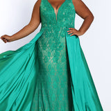 JK2016 Johnathan Kayne for Sydney's Closet sexy plus size evening gown in black, red, green, ivory or pink in lace over nude knit sheath silhouette, deep V-neckline, tone-on-tone beading and taffeta flyaway skirt.