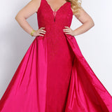 JK2016 Johnathan Kayne for Sydney's Closet sexy plus size evening gown in black, red, green, ivory or pink in lace over nude knit sheath silhouette, deep V-neckline, tone-on-tone beading and taffeta flyaway skirt.